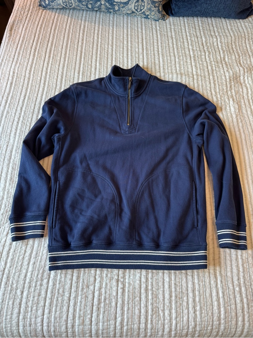 J. Crew Men's Navy Quarter-Zip Pullover Sweater with Striped Hem